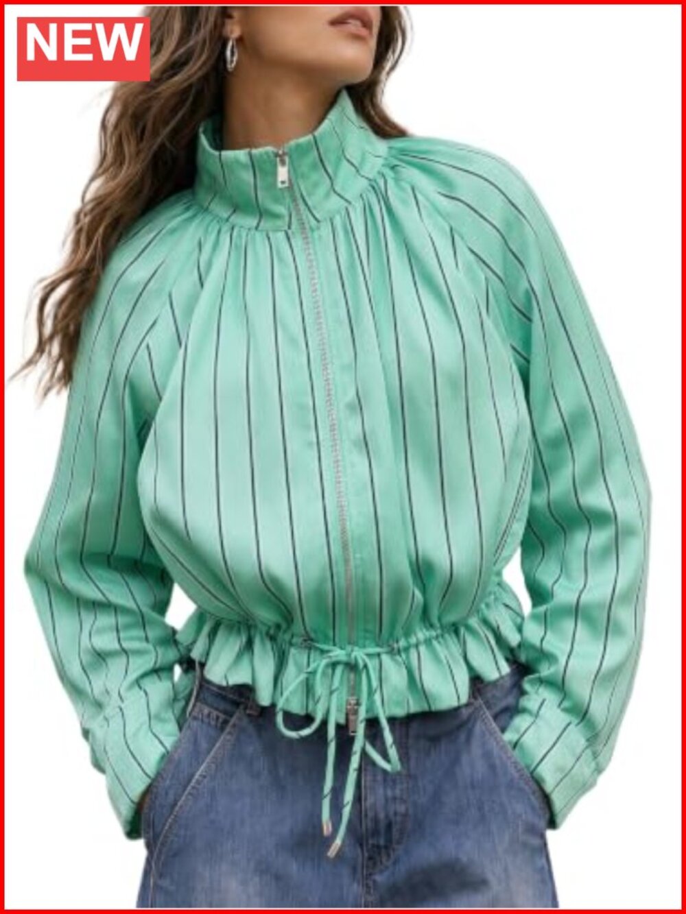Womens Striped Stand Collar Zip Up Cropped Casual Jacket